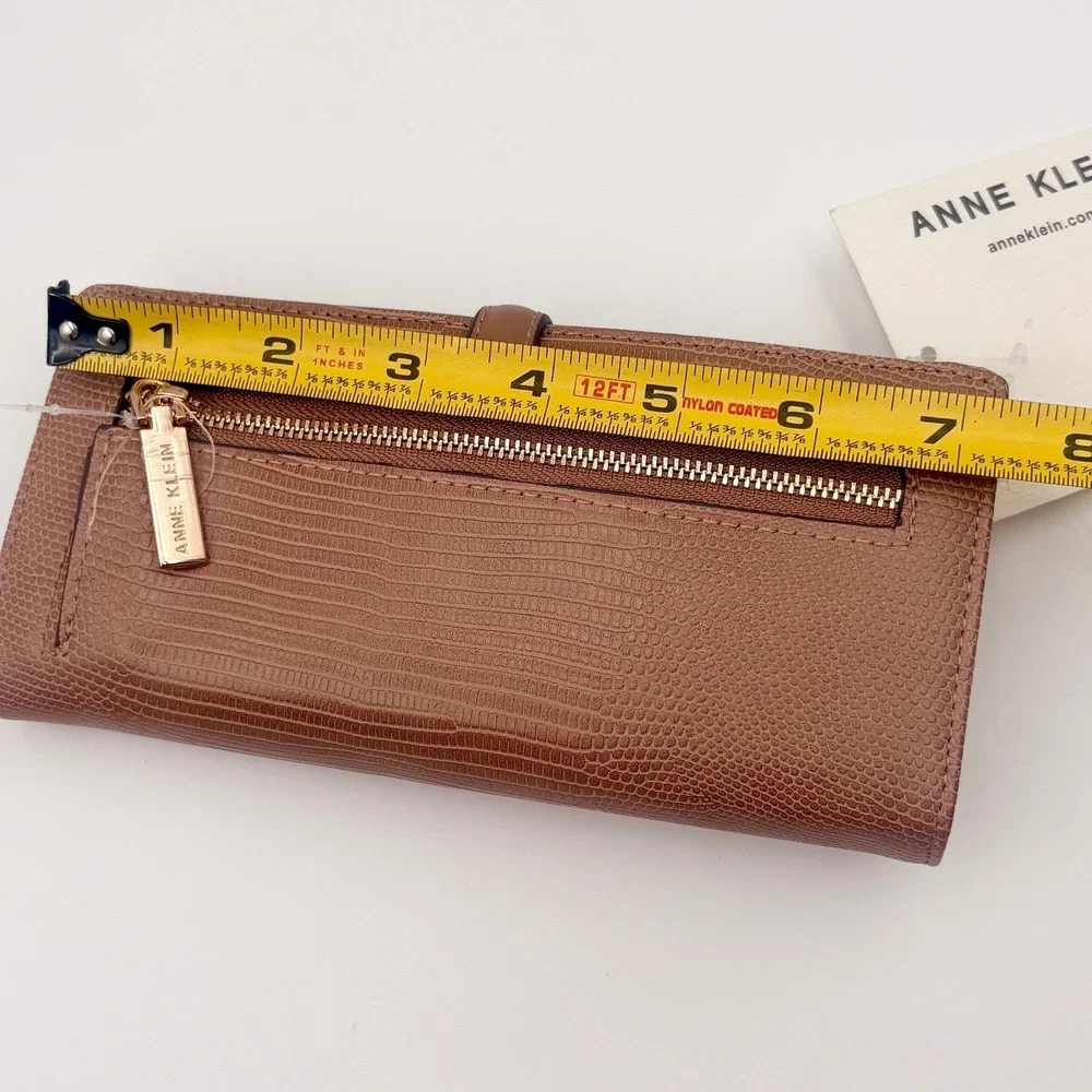 Anne Klein‎ 2 Piece Buckle Wallet Mocha Lizard Embossed Slim Card Case NEW